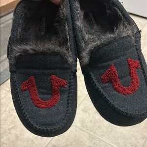 True Religion gray Blue and Red Moccasin Slippers